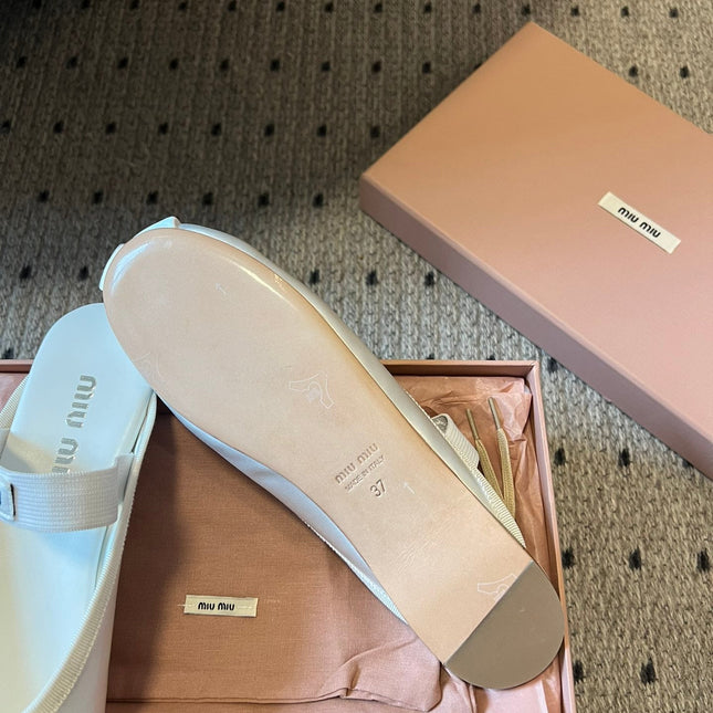 MIUMIU 26S BALLET MULES IN WHITE CREAM SATIN WITH BOW