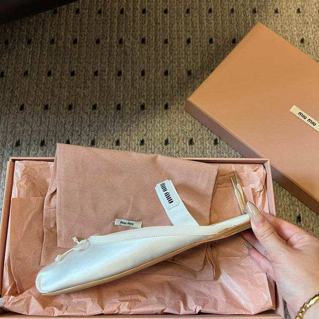 MIUMIU 26S BALLET MULES IN WHITE CREAM SATIN WITH BOW