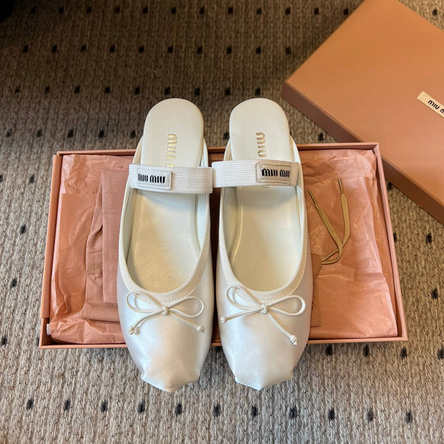MIUMIU 26S BALLET MULES IN WHITE CREAM SATIN WITH BOW
