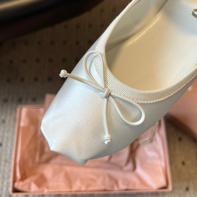 MIUMIU 26S BALLET MULES IN WHITE CREAM SATIN WITH BOW