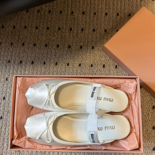 MIUMIU 26S BALLET MULES IN WHITE CREAM SATIN WITH BOW