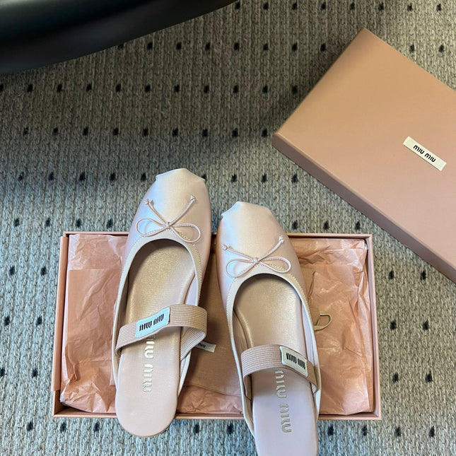 MIUMIU 26S BALLET MULES IN LIGHT PINK SATIN WITH BOW