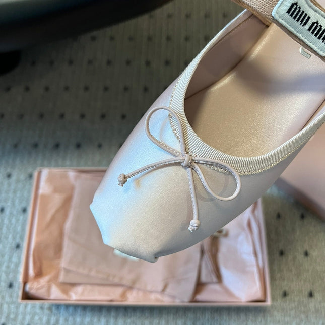 MIUMIU 26S BALLET MULES IN LIGHT PINK SATIN WITH BOW