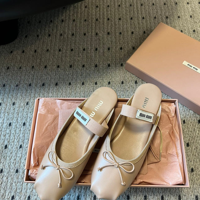 MIUMIU 26S BALLET MULES IN NUDE BROWN CALFSKIN WITH BOW