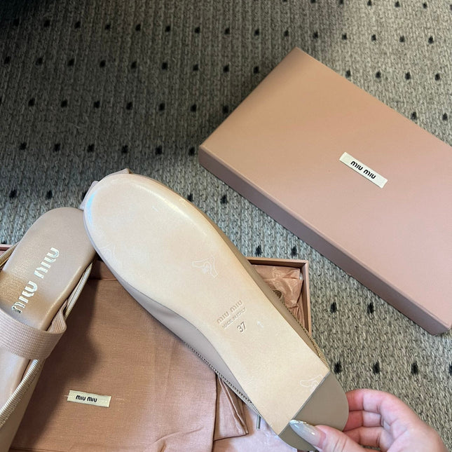 MIUMIU 26S BALLET MULES IN NUDE BROWN CALFSKIN WITH BOW