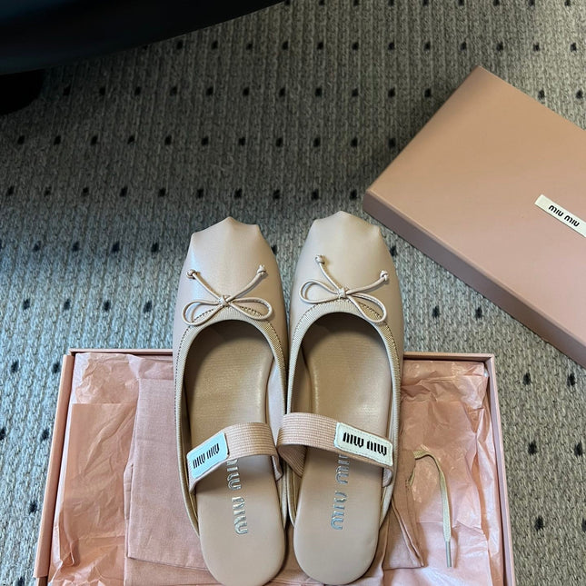 MIUMIU 26S BALLET MULES IN NUDE BROWN CALFSKIN WITH BOW