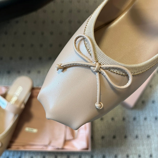 MIUMIU 26S BALLET MULES IN NUDE BROWN CALFSKIN WITH BOW