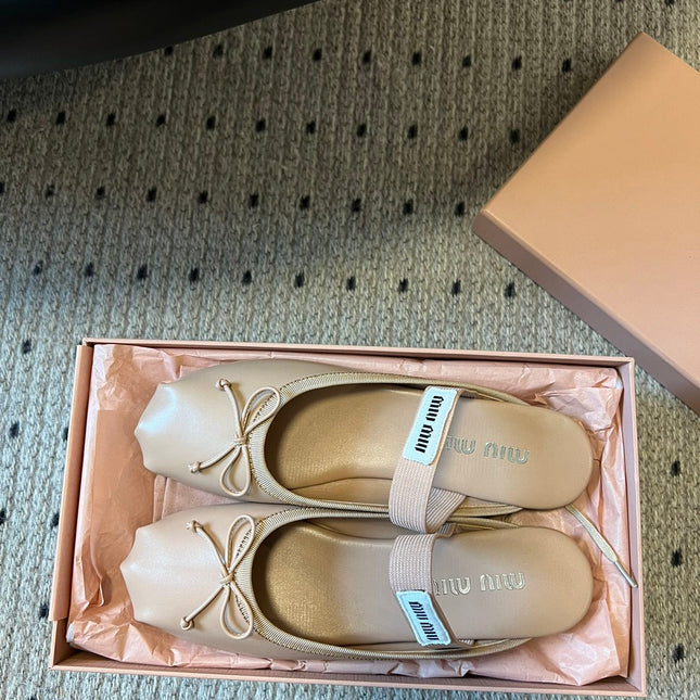 MIUMIU 26S BALLET MULES IN NUDE BROWN CALFSKIN WITH BOW
