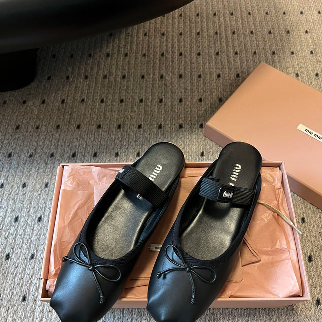 MIUMIU 26S BALLET MULES IN BLACK CALFSKIN WITH BOW