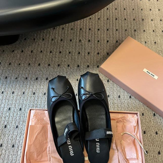 MIUMIU 26S BALLET MULES IN BLACK CALFSKIN WITH BOW
