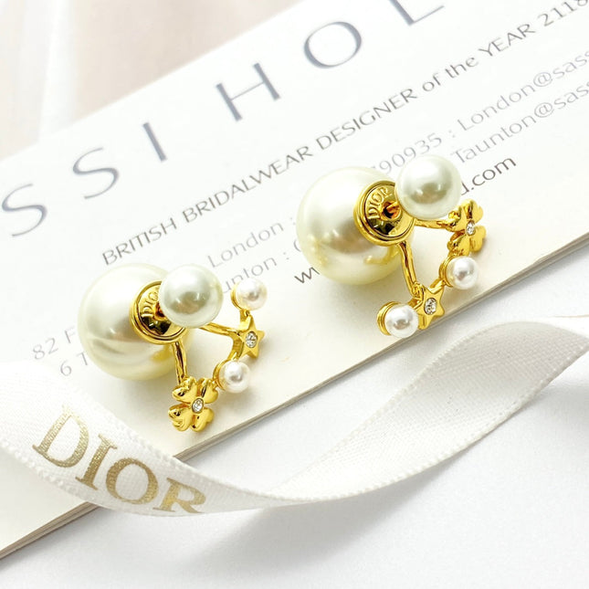 CD 26S PEARL STAR CLOVER DOUBLE STUD EARRINGS IN GOLD METAL 631770