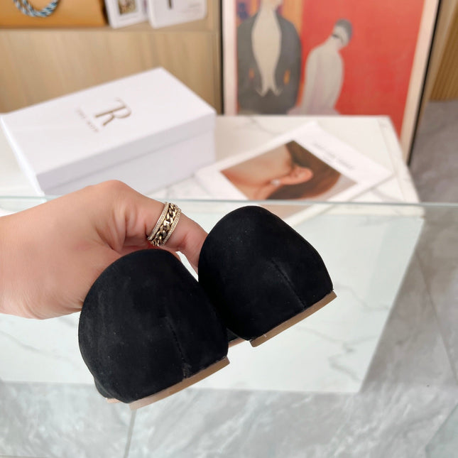 THE ROW 26S ROUND TOE BALLET FLATS IN BLACK SUEDE