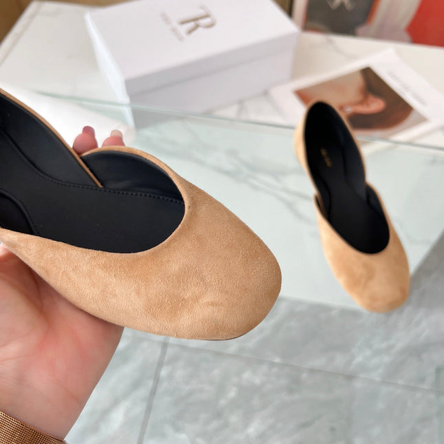 THE ROW 26S ROUND TOE BALLET FLATS IN DARK BEIGE SUEDE