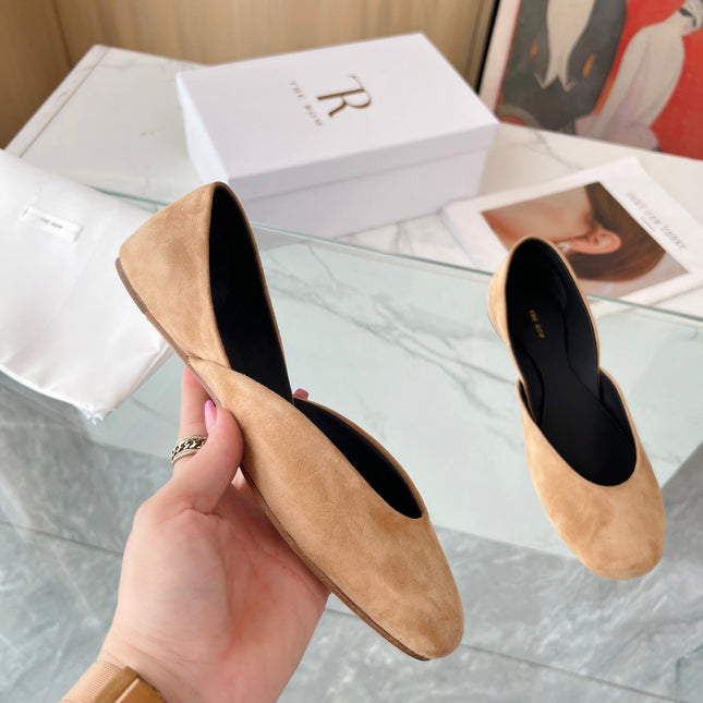 THE ROW 26S ROUND TOE BALLET FLATS IN DARK BEIGE SUEDE