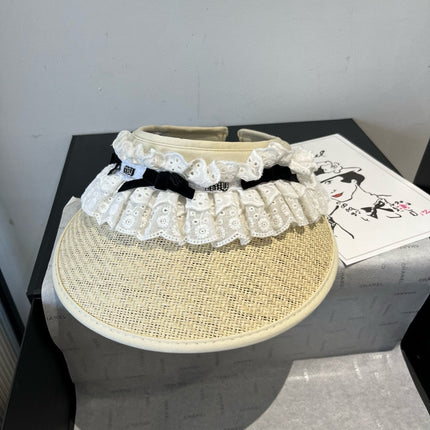 MIUMIU OPEN-TOP STRAW HAT IN LIGHT BEIGE MIX WHITE EYELET FABRIC