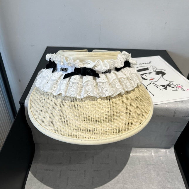 MIUMIU OPEN-TOP STRAW HAT IN LIGHT BEIGE MIX WHITE EYELET FABRIC