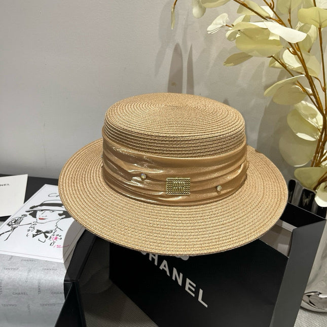 MIUMIU STRAW HAT IN BEIGE WITH RHINESTONE EMBELLISHED