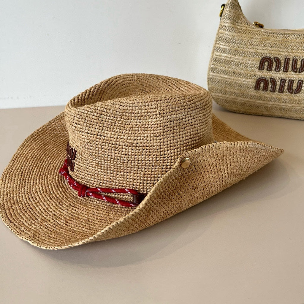 RAFFIA STRAW HAT WITH A RED WOVEN BAND