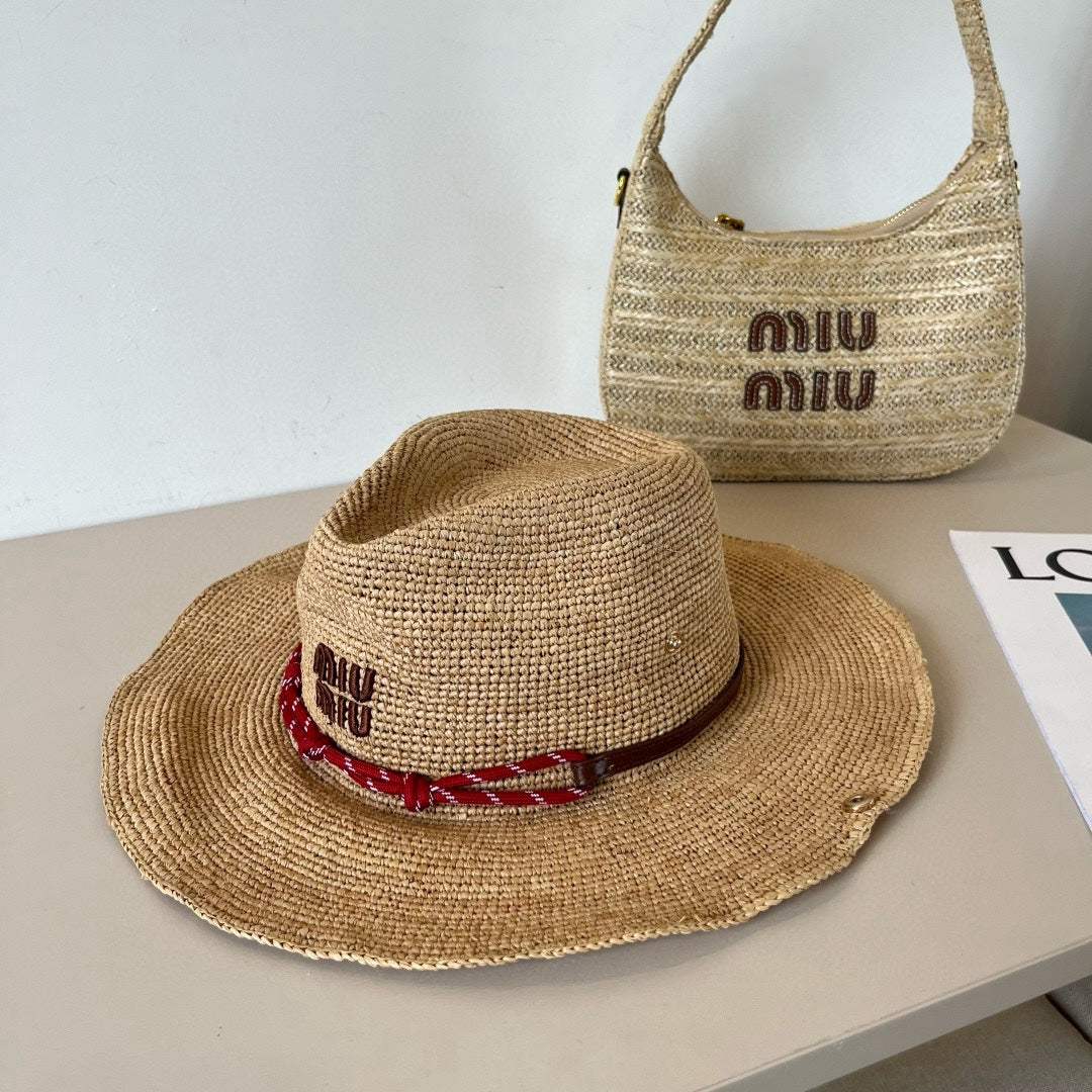 RAFFIA STRAW HAT WITH A RED WOVEN BAND