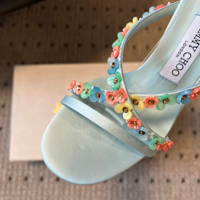 JIMMY CHOO 26S FLORAL HEEL SANDALS 85 MM IN PASTEL BLUE SATIN AND LAMBSKIN