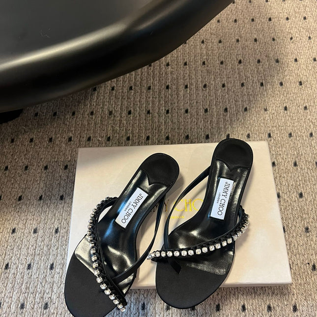 JIMMY CHOO 26S CRYSTAL THONG SANDALS 45 MM IN BLACK LAMBSKIN