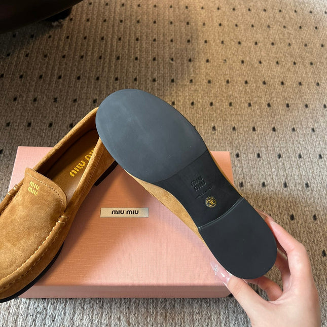 MIUMIU 26S LOAFERS IN TAN BROWN SUEDE