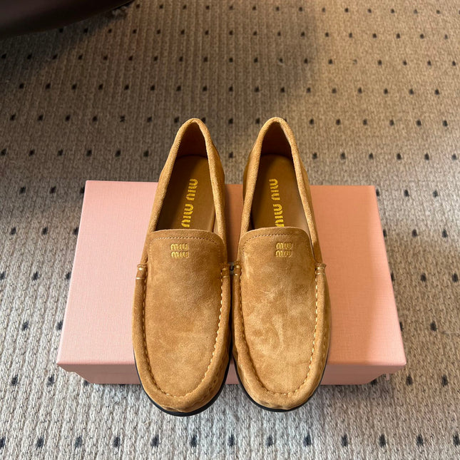 MIUMIU 26S LOAFERS IN TAN BROWN SUEDE
