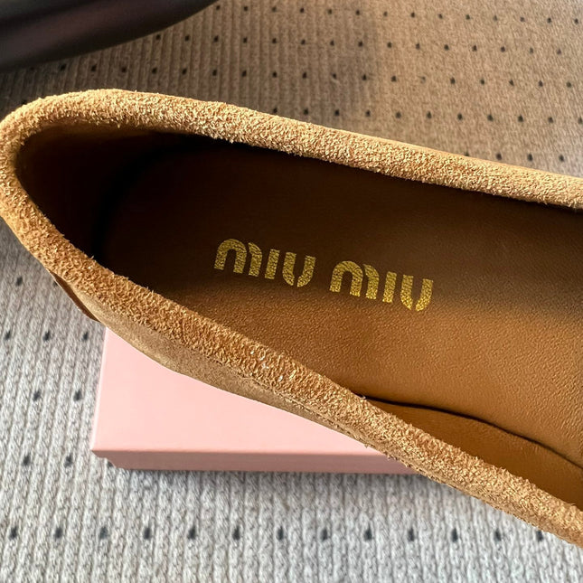 MIUMIU 26S LOAFERS IN TAN BROWN SUEDE