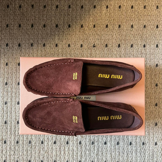 MIUMIU 26S LOAFERS IN AUBURN BROWN SUEDE