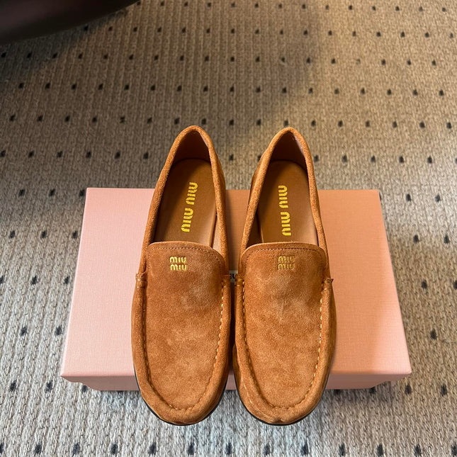 MIUMIU 26S LOAFERS IN CARAMEL BROWN SUEDE