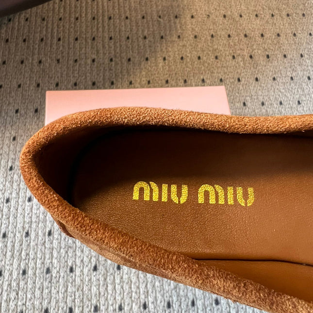 MIUMIU 26S LOAFERS IN CARAMEL BROWN SUEDE