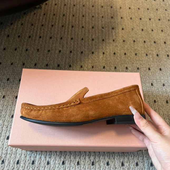 MIUMIU 26S LOAFERS IN CARAMEL BROWN SUEDE
