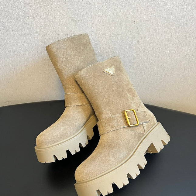 PRADA 25S PLATFORM ANKLE BOOTS IN BEIGE SUEDE WITH GOLD HARDWARE