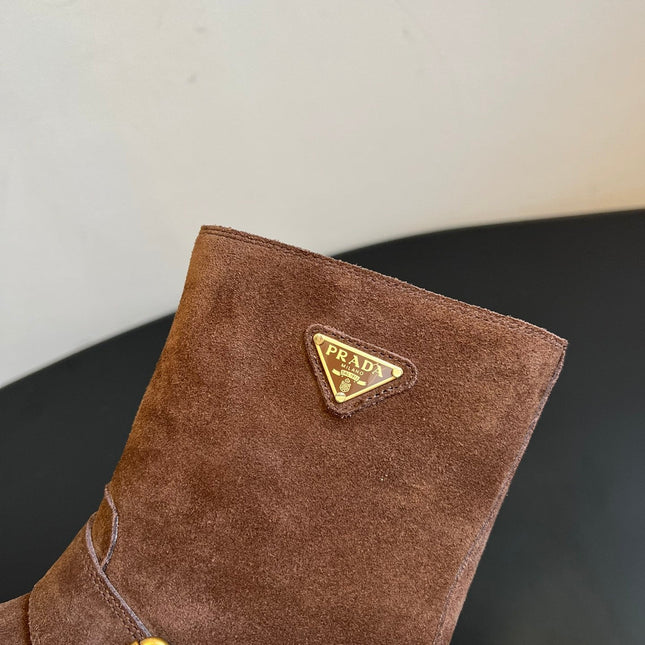 PRADA 25S PLATFORM ANKLE BOOTS IN BROWN SUEDE WITH GOLD HARDWARE