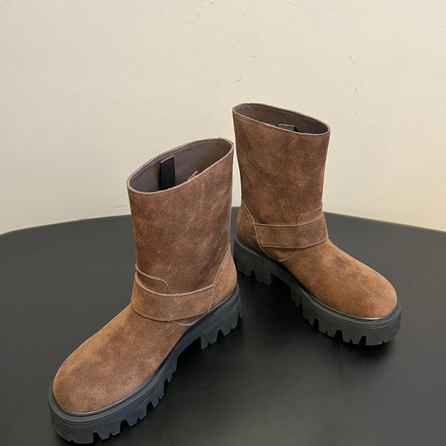 PRADA 25S PLATFORM ANKLE BOOTS IN BROWN SUEDE WITH GOLD HARDWARE