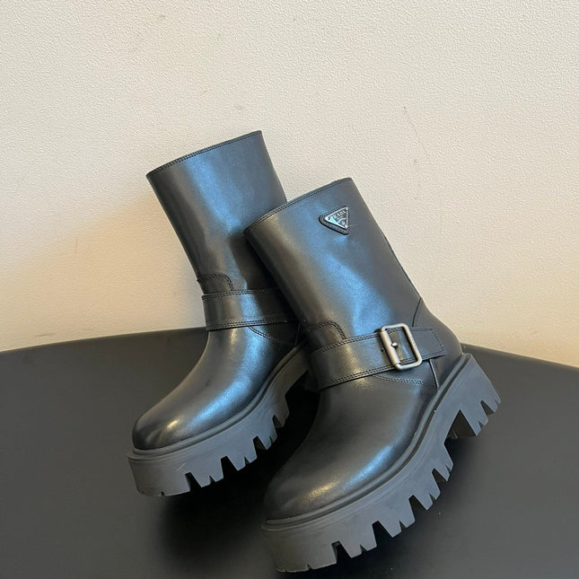 PRADA 25S PLATFORM ANKLE BOOTS IN BLACK CALFSKIN WITH SILVER HARDWARE