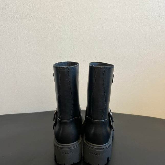 PRADA 25S PLATFORM ANKLE BOOTS IN BLACK CALFSKIN WITH SILVER HARDWARE
