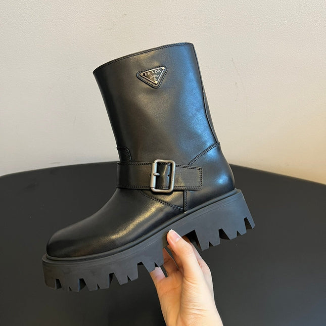 PRADA 25S PLATFORM ANKLE BOOTS IN BLACK CALFSKIN WITH SILVER HARDWARE
