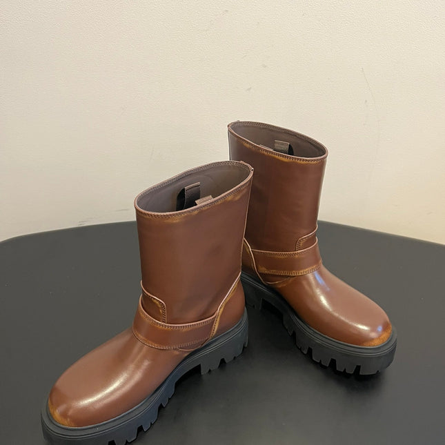 PRADA 25S PLATFORM ANKLE BOOTS IN BROWN CALFSKIN WITH GOLD HARDWARE