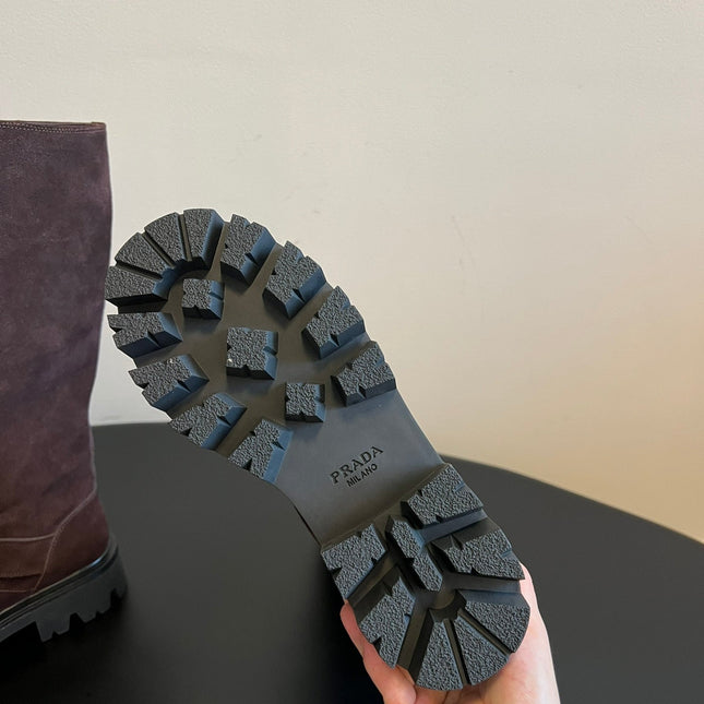 PRADA 25S HIGH-CUT PLATFORM BOOTS IN BROWN SUEDE WITH GOLD HARDWARE