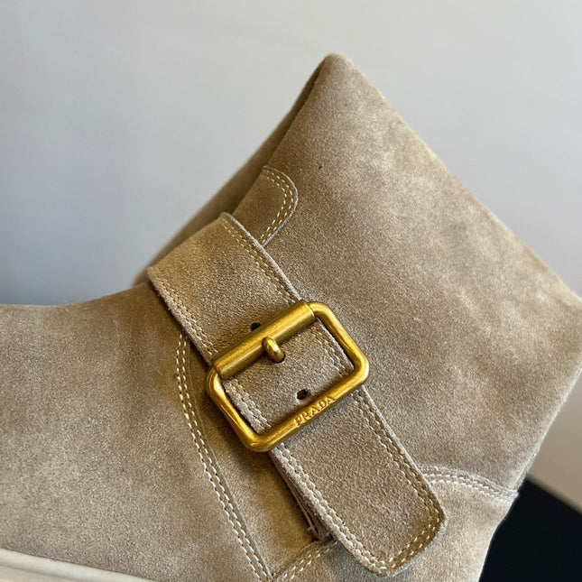 PRADA 25S HIGH-CUT PLATFORM BOOTS IN DARK BEIGE SUEDE WITH GOLD HARDWARE