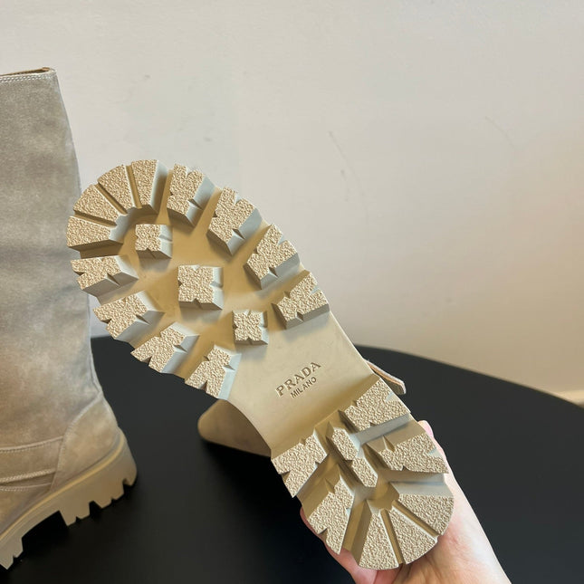 PRADA 25S HIGH-CUT PLATFORM BOOTS IN DARK BEIGE SUEDE WITH GOLD HARDWARE