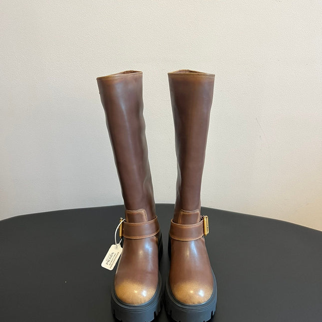 PRADA 25S HIGH-CUT PLATFORM BOOTS IN BROWN CALFSKIN WITH GOLD HARDWARE