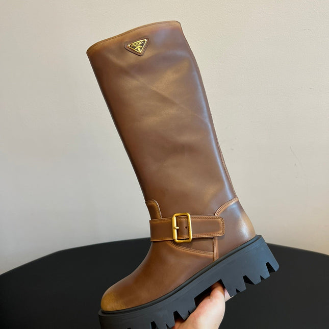 PRADA 25S HIGH-CUT PLATFORM BOOTS IN BROWN CALFSKIN WITH GOLD HARDWARE