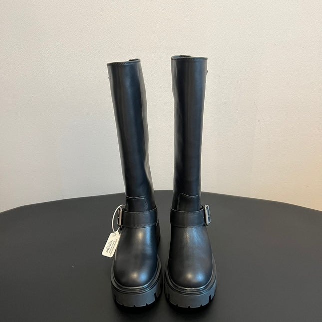 PRADA 25S HIGH-CUT PLATFORM BOOTS IN BLACK CALFSKIN WITH SILVER HARDWARE