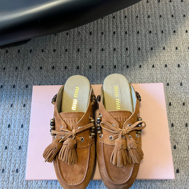 MIUMIU 26S MULES IN CARAMEL BROWN SUEDE