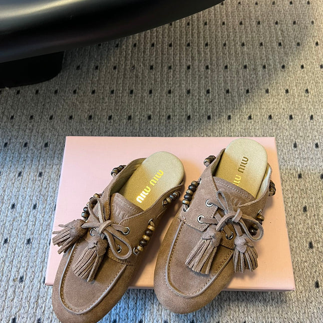 MIUMIU 26S MULES IN TAUPE BROWN SUEDE