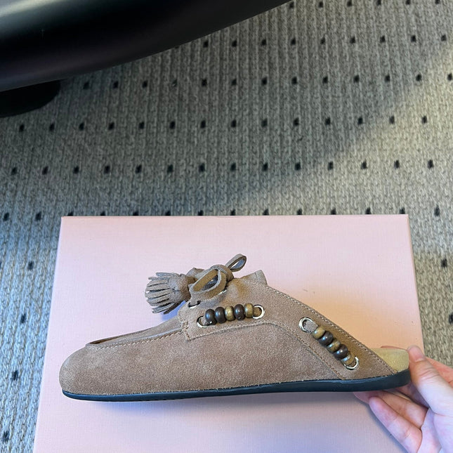MIUMIU 26S MULES IN TAUPE BROWN SUEDE