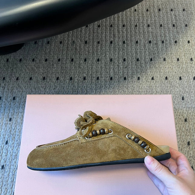 MIUMIU 26S MULES IN OLIVE BROWN SUEDE