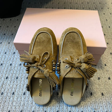 MIUMIU 26S MULES IN OLIVE BROWN SUEDE